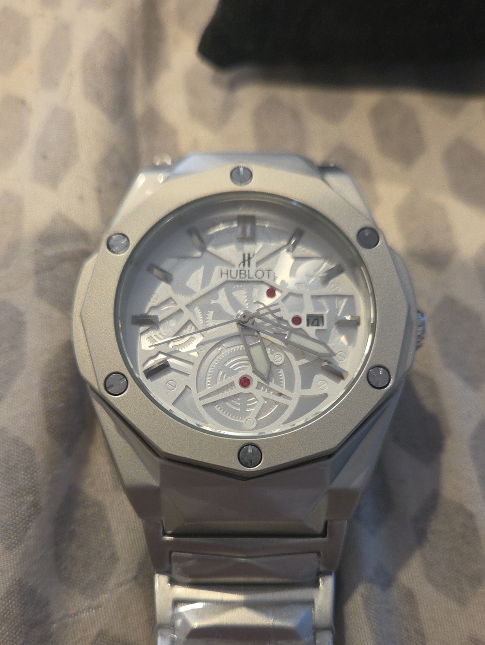 Hubl0t Men's White/Silver Skeleton Dial Bracelet Watch Automatic Heavy Fits Sz 8